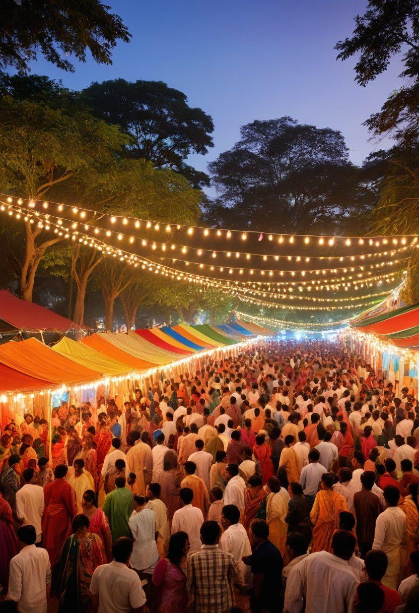 A vibrant scene capturing a lively Bengali festival, showcasing colorful traditional attire, delicious street foods like fish curry and sweets, illuminated decorative lights, and joyful families celebrating together. A backdrop of iconic Bengali architecture and lush greenery enhances the cultural essence. super-realistic. vibrant colors. festive atmosphere.