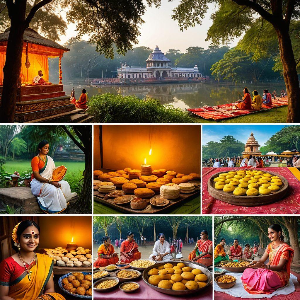 A vibrant collage showcasing the rich Bengali heritage, featuring colorful traditional arts like patachitra, intricate handloom textiles, and iconic Bengali sweets like rosogolla. The background shows the lush landscapes of Bengal, with locals celebrating a festival, wearing traditional attire. Soft sunlight filters through the trees, illuminating the scene. super-realistic. vibrant colors. cultural richness.