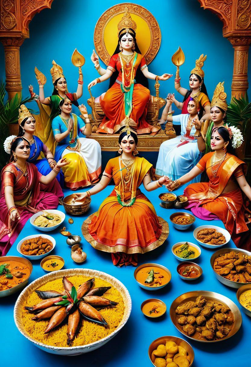 A vibrant collage depicting the essence of Bengali culture: colorful traditional attire, a lively Durga Puja celebration with ornate idols, a banquet table filled with Bengali delicacies like fish curry and sweets, lush paddy fields under a blue sky, and folk dancers performing. The elements should blend harmoniously to illustrate the richness of traditions and flavors. super-realistic. vibrant colors. 3D.